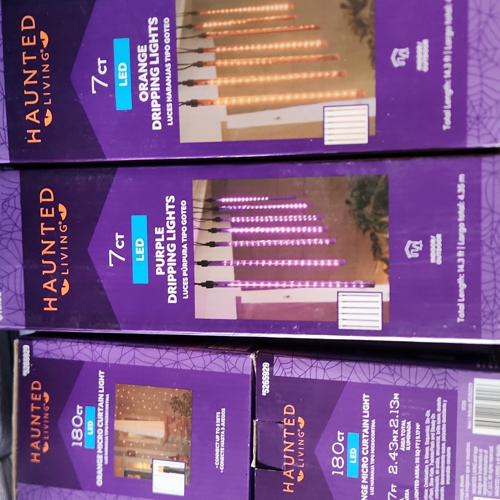 Haunted Living Purple And Orange LED Dripping Lights And 2 Sets Of Curtians NWT